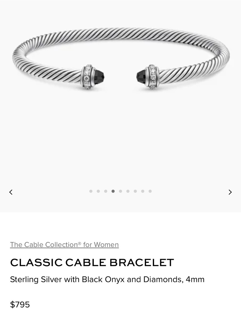 David Yurman Sterling Silver Cable Bracelet with Black Onyx Caps